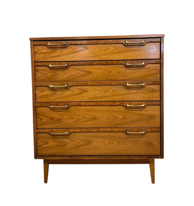Vintage Mid Century Modern 4 Drawer Dresser with Burl Accents Dovetailed Drawers and Metal Handles
