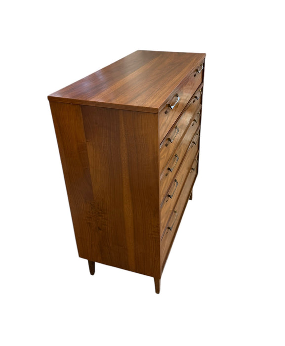 Vintage Mid Century Modern 4 Drawer Dresser with Burl Accents Dovetailed Drawers and Metal Handles