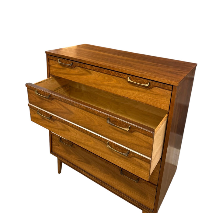 Vintage Mid Century Modern 4 Drawer Dresser with Burl Accents Dovetailed Drawers and Metal Handles