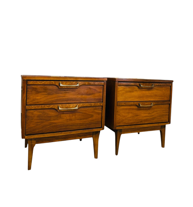 Vintage Mid Century Modern 2-Drawer End Table Set with Burl Accents Dovetailed Drawers