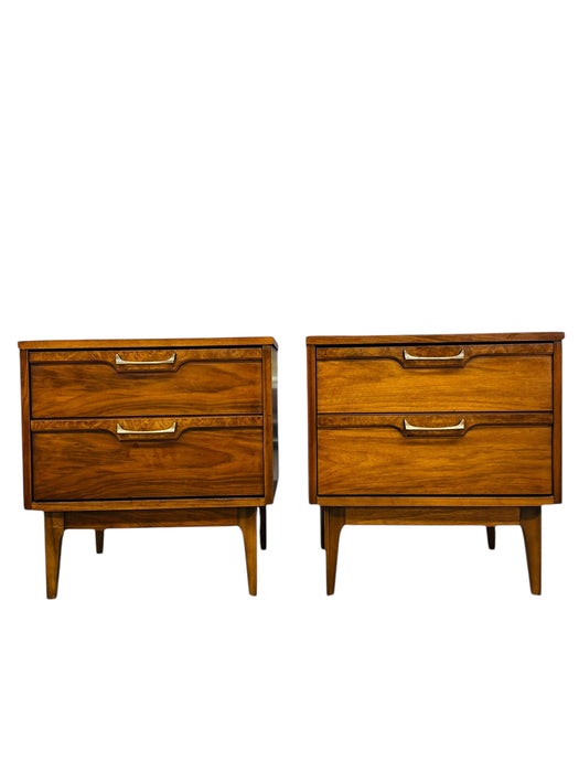 Vintage Mid Century Modern 2-Drawer End Table Set with Burl Accents Dovetailed Drawers