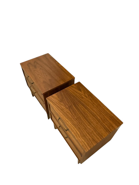 Vintage Mid Century Modern 2-Drawer End Table Set with Burl Accents Dovetailed Drawers