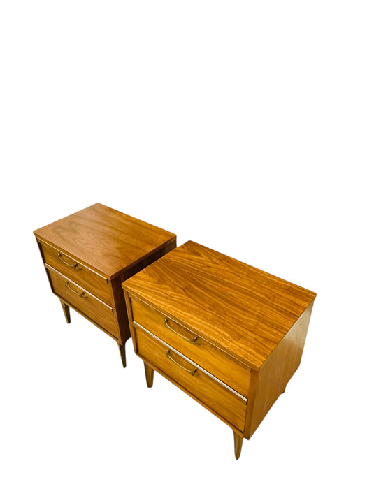 Vintage Mid Century Modern 2-Drawer End Table Set with Burl Accents Dovetailed Drawers