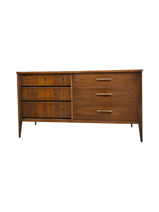 Vintage Mid Century Modern Solid Walnut Dresser Set Dovetailed by Broyhill Saga Line and Signature Star Pattern