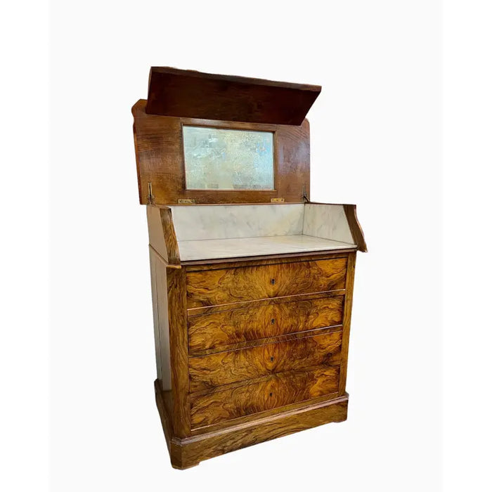 Antiques 19th Century Burlwood Dresser With Four Drawers and Bar Top and Patina Glass With Key
