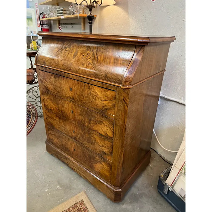Antiques 19th Century Burlwood Dresser With Four Drawers and Bar Top and Patina Glass With Key