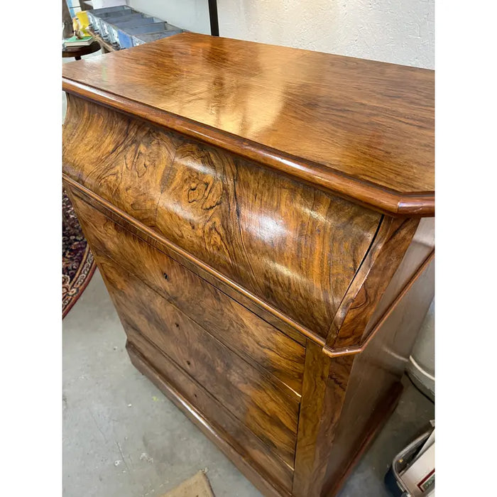 Antiques 19th Century Burlwood Dresser With Four Drawers and Bar Top and Patina Glass With Key
