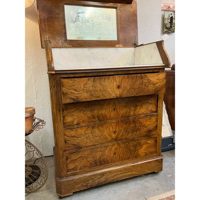 Antiques 19th Century Burlwood Dresser With Four Drawers and Bar Top and Patina Glass With Key