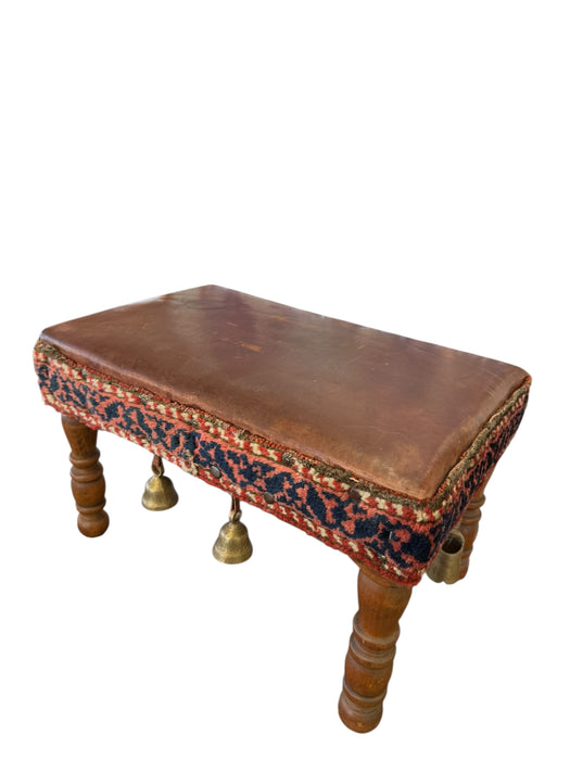 Vintage Bohemian Rustic Handcrafted Wooden Stool with Leather Seat & Brass Bells