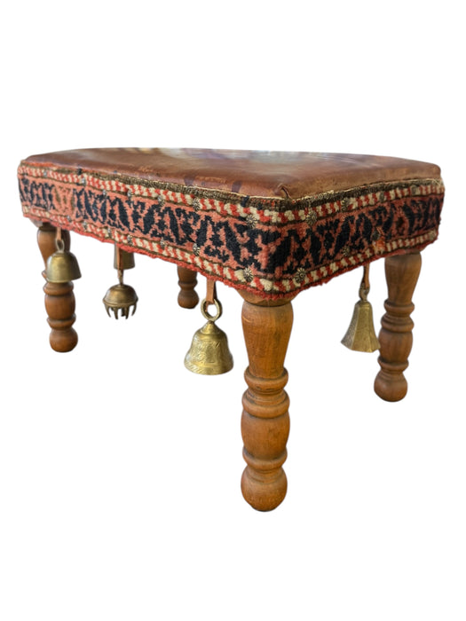 Vintage Bohemian Rustic Handcrafted Wooden Stool with Leather Seat & Brass Bells