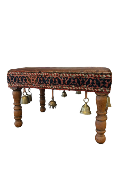 Vintage Bohemian Rustic Handcrafted Wooden Stool with Leather Seat & Brass Bells