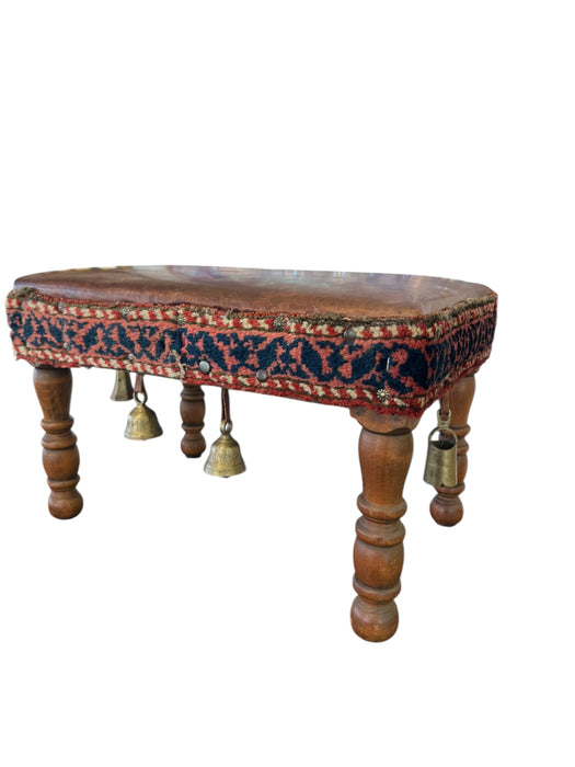 Vintage Bohemian Rustic Handcrafted Wooden Stool with Leather Seat & Brass Bells