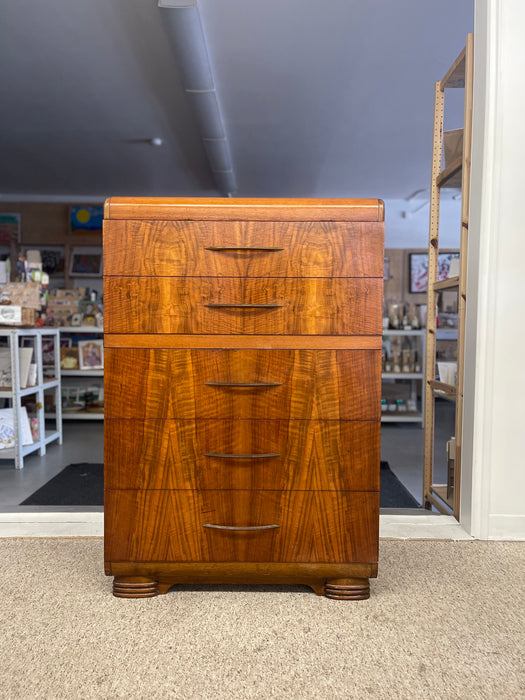 Art Deco Waterfall Tall Dresser in Bookmatched Walnut Veneer, Possibly 1930s