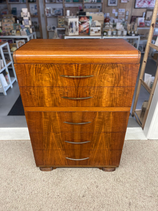 Art Deco Waterfall Tall Dresser in Bookmatched Walnut Veneer, Possibly 1930s