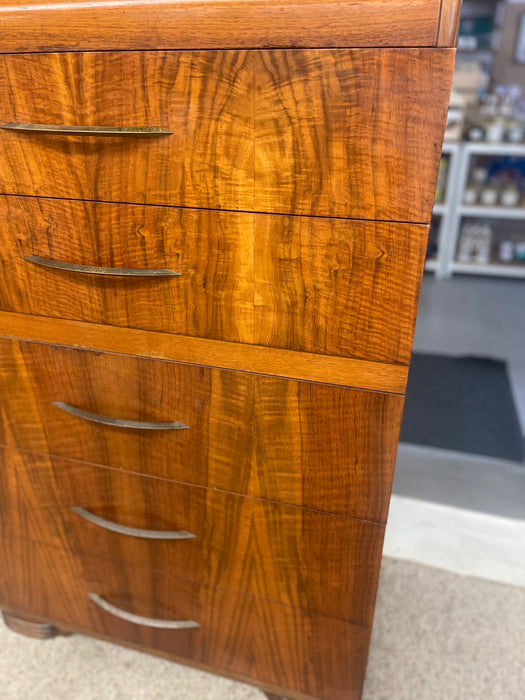 Art Deco Waterfall Tall Dresser in Bookmatched Walnut Veneer, Possibly 1930s
