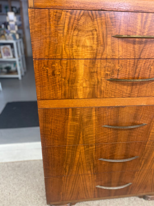 Art Deco Waterfall Tall Dresser in Bookmatched Walnut Veneer, Possibly 1930s