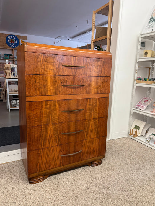 Art Deco Waterfall Tall Dresser in Bookmatched Walnut Veneer, Possibly 1930s