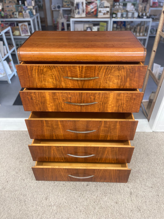 Art Deco Waterfall Tall Dresser in Bookmatched Walnut Veneer, Possibly 1930s