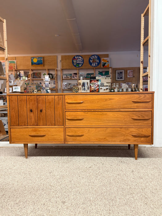 1960s Mid-Century Modern Possibly Teak Credenza / Dresser with Sculpted Pulls & Glass-Front Tray Drawers