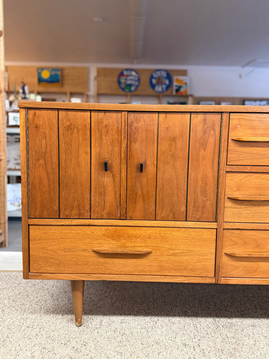1960s Mid-Century Modern Possibly Teak Credenza / Dresser with Sculpted Pulls & Glass-Front Tray Drawers