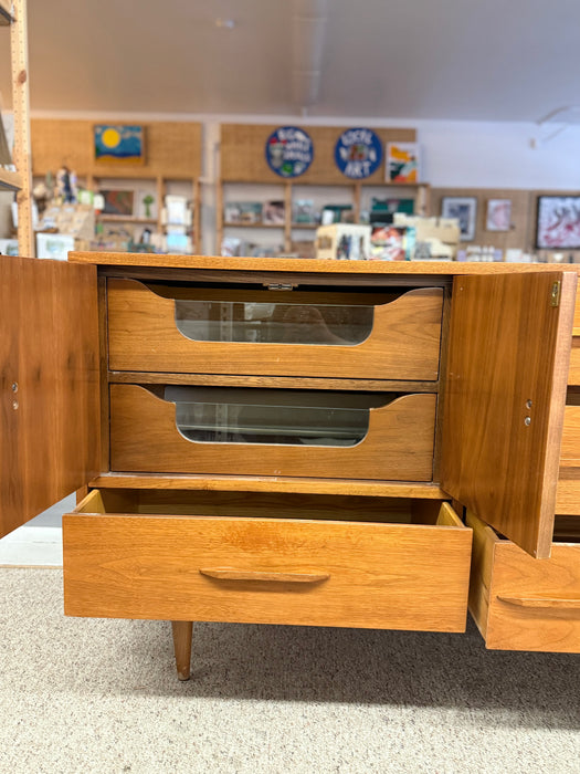 1960s Mid-Century Modern Possibly Teak Credenza / Dresser with Sculpted Pulls & Glass-Front Tray Drawers