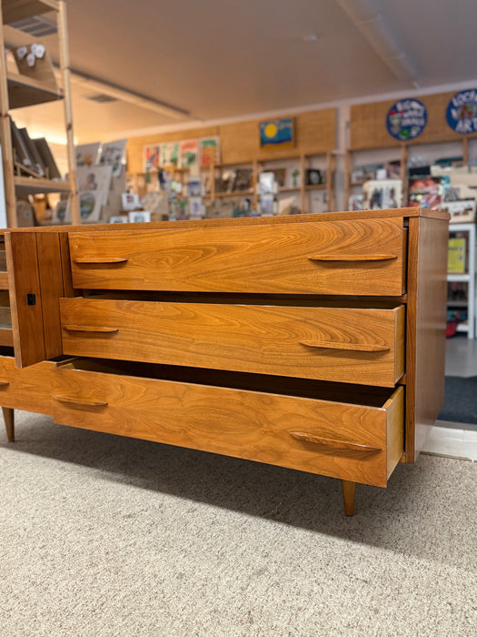 1960s Mid-Century Modern Possibly Teak Credenza / Dresser with Sculpted Pulls & Glass-Front Tray Drawers