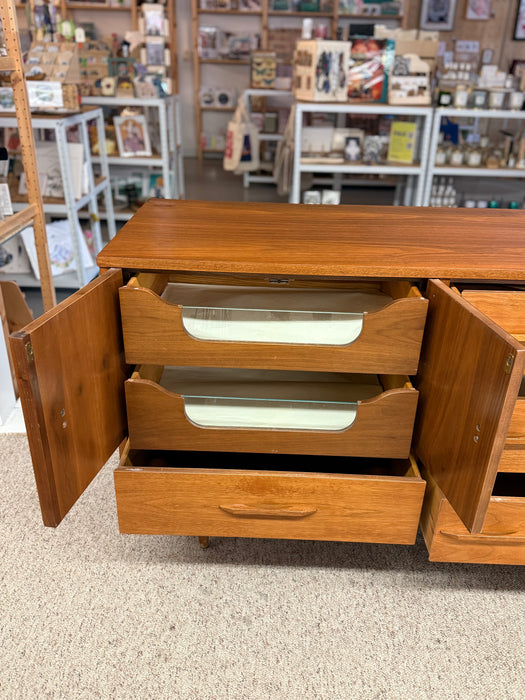 1960s Mid-Century Modern Possibly Teak Credenza / Dresser with Sculpted Pulls & Glass-Front Tray Drawers