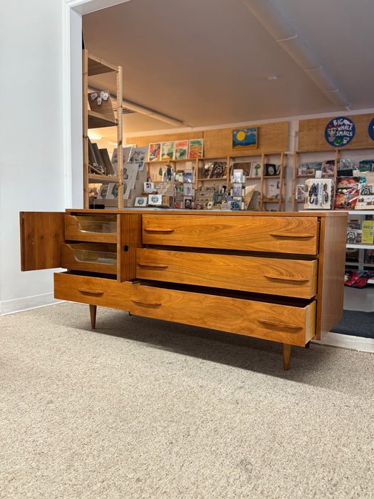 1960s Mid-Century Modern Possibly Teak Credenza / Dresser with Sculpted Pulls & Glass-Front Tray Drawers
