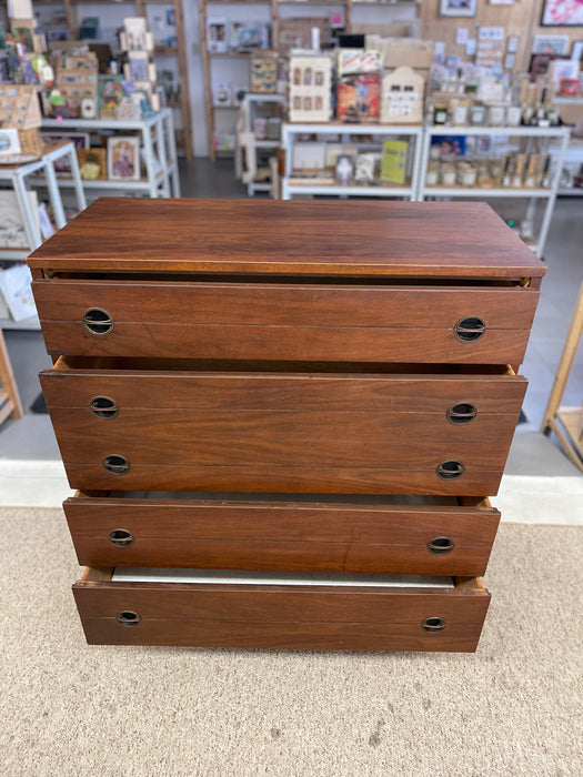 Likely 1960s Mid-Century Modern Possibly Walnut Highboy Dresser with Recessed Brass Toned Pulls and Tapered Legs