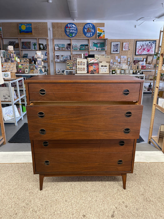 Likely 1960s Mid-Century Modern Possibly Walnut Highboy Dresser with Recessed Brass Toned Pulls and Tapered Legs