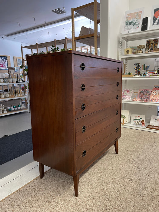 Likely 1960s Mid-Century Modern Possibly Walnut Highboy Dresser with Recessed Brass Toned Pulls and Tapered Legs