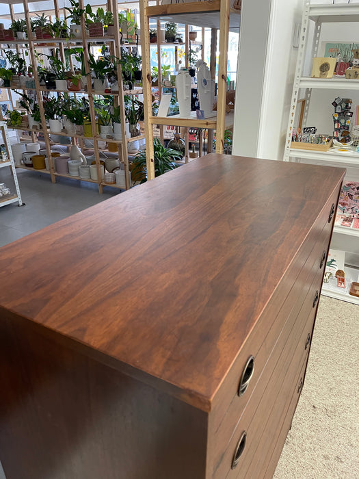 Likely 1960s Mid-Century Modern Possibly Walnut Highboy Dresser with Recessed Brass Toned Pulls and Tapered Legs