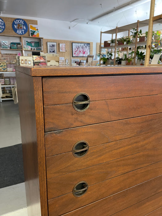 Likely 1960s Mid-Century Modern Possibly Walnut Highboy Dresser with Recessed Brass Toned Pulls and Tapered Legs