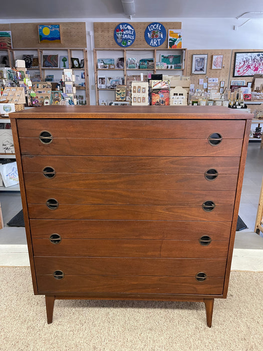 Likely 1960s Mid-Century Modern Possibly Walnut Highboy Dresser with Recessed Brass Toned Pulls and Tapered Legs