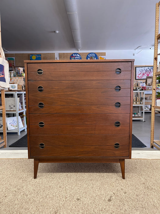 Likely 1960s Mid-Century Modern Possibly Walnut Highboy Dresser with Recessed Brass Toned Pulls and Tapered Legs