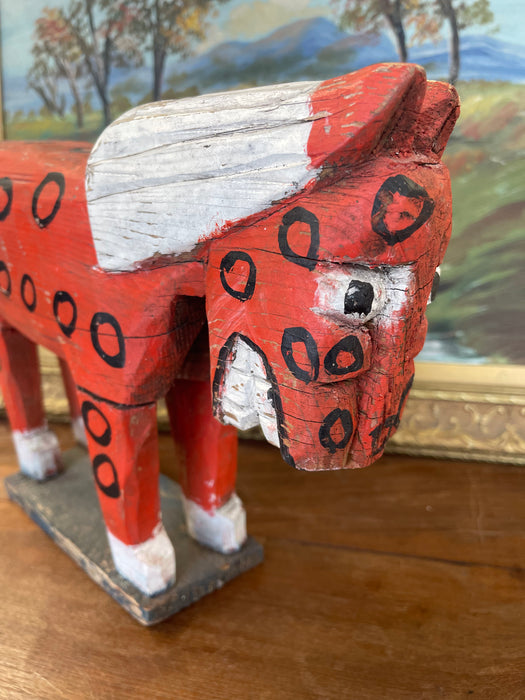 Primitive American Folk Art Painted Wood Horse Sculpture in Red and White with Black Circle Motif