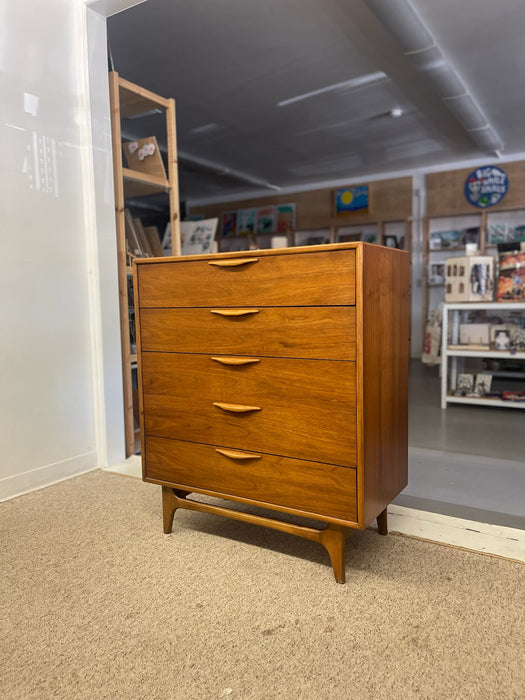 Lane Altavista Mid-Century Modern Possibly Walnut Highboy Dresser with Sculpted Pulls and Dovetail Drawers