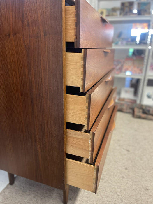 Lane Altavista Mid-Century Modern Possibly Walnut Highboy Dresser with Sculpted Pulls and Dovetail Drawers