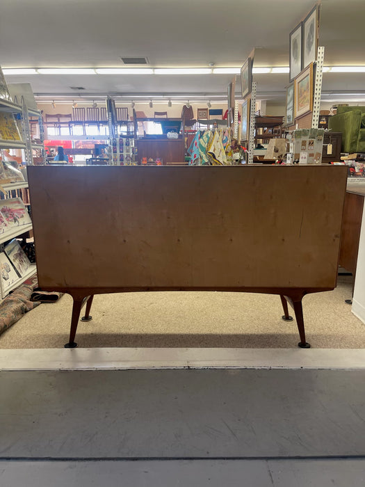 Mid-Century Danish Modern Likely Teak Credenza with Sculpted Base, Likely Rosewood Drawer Fronts with Brass toned Pulls