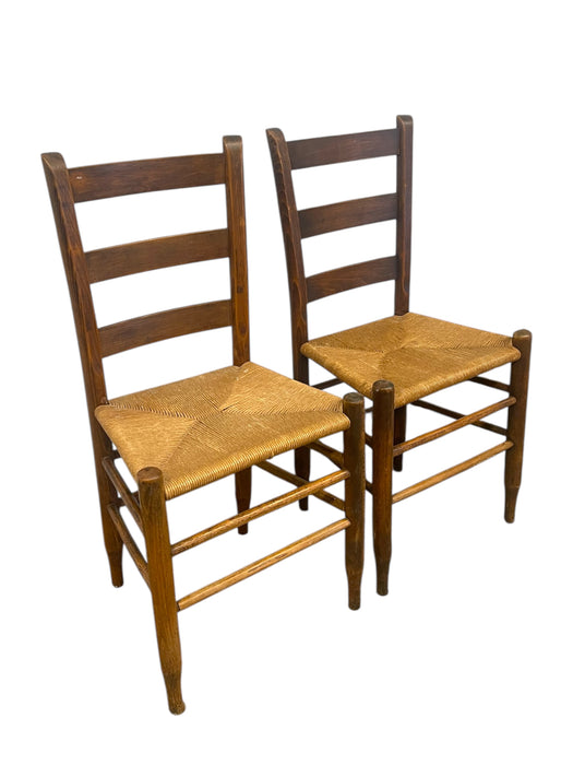 Pair of Vintage Ladder Back Rush Seat Chairs - Rustic Farmhouse Dining Side Chairs