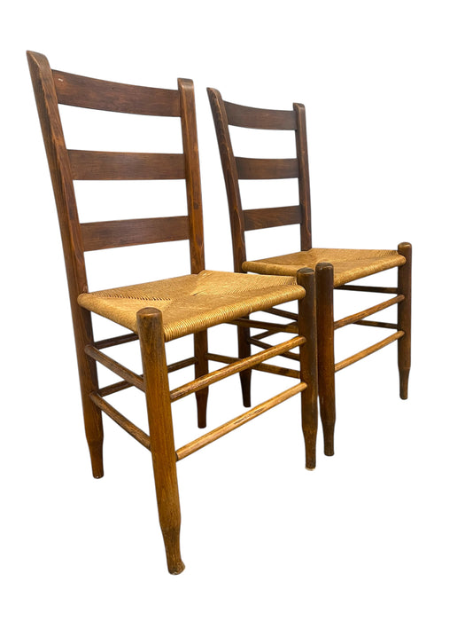 Pair of Vintage Ladder Back Rush Seat Chairs - Rustic Farmhouse Dining Side Chairs