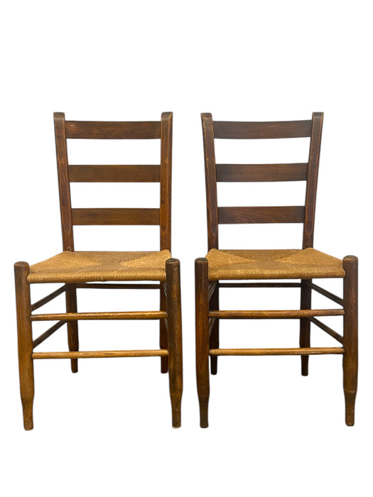 Pair of Vintage Ladder Back Rush Seat Chairs - Rustic Farmhouse Dining Side Chairs