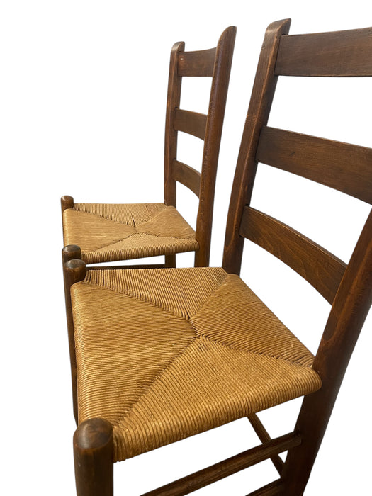Pair of Vintage Ladder Back Rush Seat Chairs - Rustic Farmhouse Dining Side Chairs