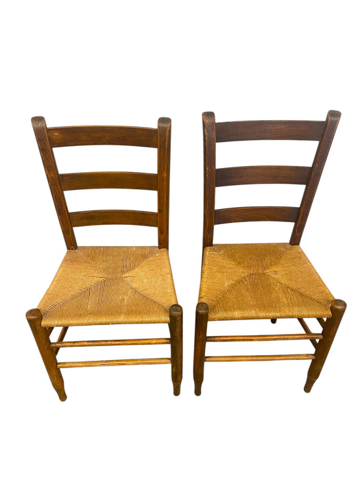 Pair of Vintage Ladder Back Rush Seat Chairs - Rustic Farmhouse Dining Side Chairs