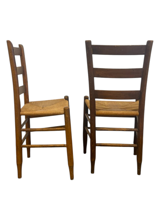 Pair of Vintage Ladder Back Rush Seat Chairs - Rustic Farmhouse Dining Side Chairs