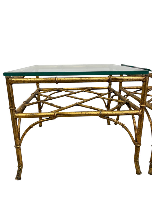 Vintage Mid Century Modern Style Faux Bamboo Gold Color Side End Table Set Attributed to Phyllis Morris