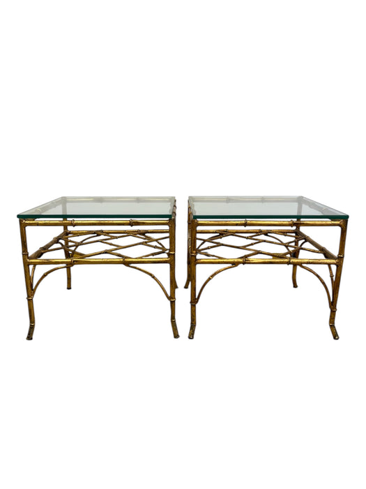 Vintage Mid Century Modern Style Faux Bamboo Gold Color Side End Table Set Attributed to Phyllis Morris