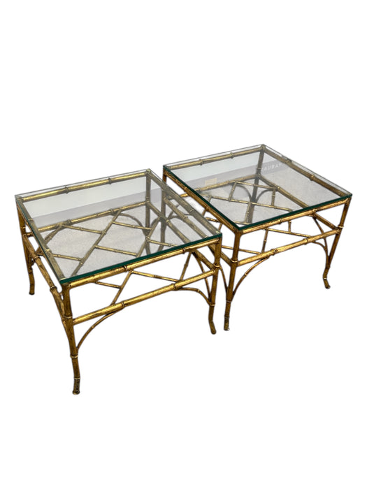 Vintage Mid Century Modern Style Faux Bamboo Gold Color Side End Table Set Attributed to Phyllis Morris
