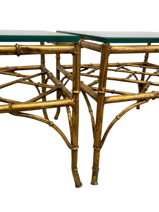 Vintage Mid Century Modern Style Faux Bamboo Gold Color Side End Table Set Attributed to Phyllis Morris
