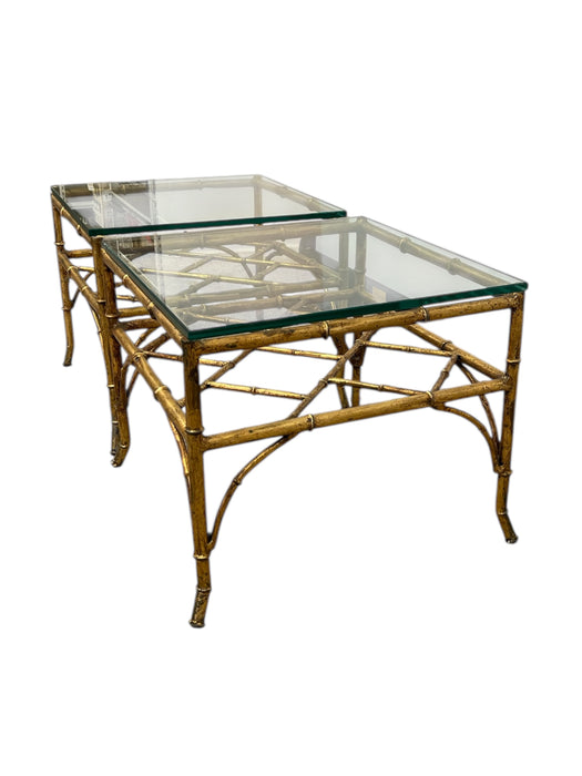Vintage Mid Century Modern Style Faux Bamboo Gold Color Side End Table Set Attributed to Phyllis Morris